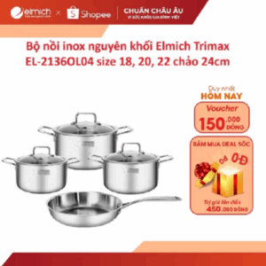 Bộ nồi inox nguyên khối Elmich Trimax EL-2136OL04 size 18, 20, 22 chảo 24cm