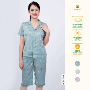 Bộ lụa nữ Việt Thắng, quần lửng, áo cộc tay in hình - B46.2308