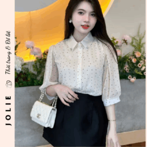 Aó sơ mi nữ cổ đính đá trái tim, họa tiết chấm bi, hàng 2 lớp, sơ mi công sở, đi làm, đi chơi cao cấp JOLIE