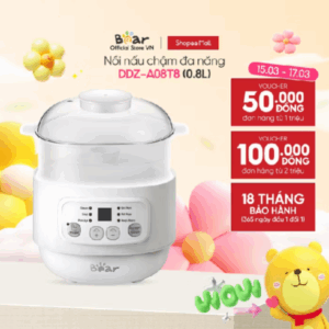 Nồi Nấu Chậm 0,8L Bear Nồi Nấu Cháo Chậm Nồi Chưng Yến Cách Thuỷ Nồi Nấu Cháo Cho Bé - Hàng Chính Hãng - BH 18 Tháng