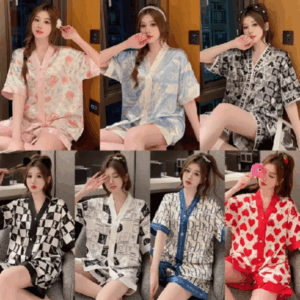 Bộ đồ ngủ tay ngắn chất lụa lạnh họa tiết hoạt hình thời trang mùa hè cho nữ