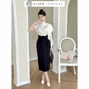 Set Đồ Công Sở Nữ ALICE Áo Lụa Ngọc Trai Thiết Kế Cổ Xếp Li Lệch Vạt Phối Chân Váy Bút Chì Cạp Cao Sang Trọng