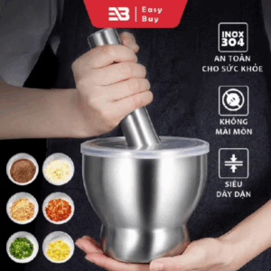 Bộ Chày Cối Inox 304 Có Nắp Đậy, Chày Cối Nguyên Khối Dã Đồ Cực Nhuyễn Mịn Tiện Lợi Cho Gia Đình-mp