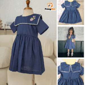 Váy bé gái đầm kiểu lính thủy cổ vuông phối ren màu xanh vải cotton cao cấp thêu hoa cho bé từ 1 đến 10 tuổi